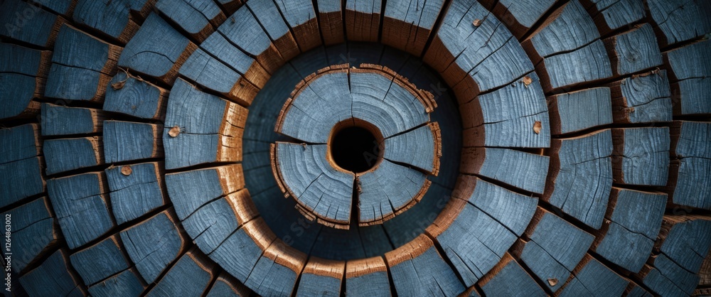 Naklejka premium Cross section of a tree stump with concentric circular patterns and a central hole showcasing textured wood grain Copy Space