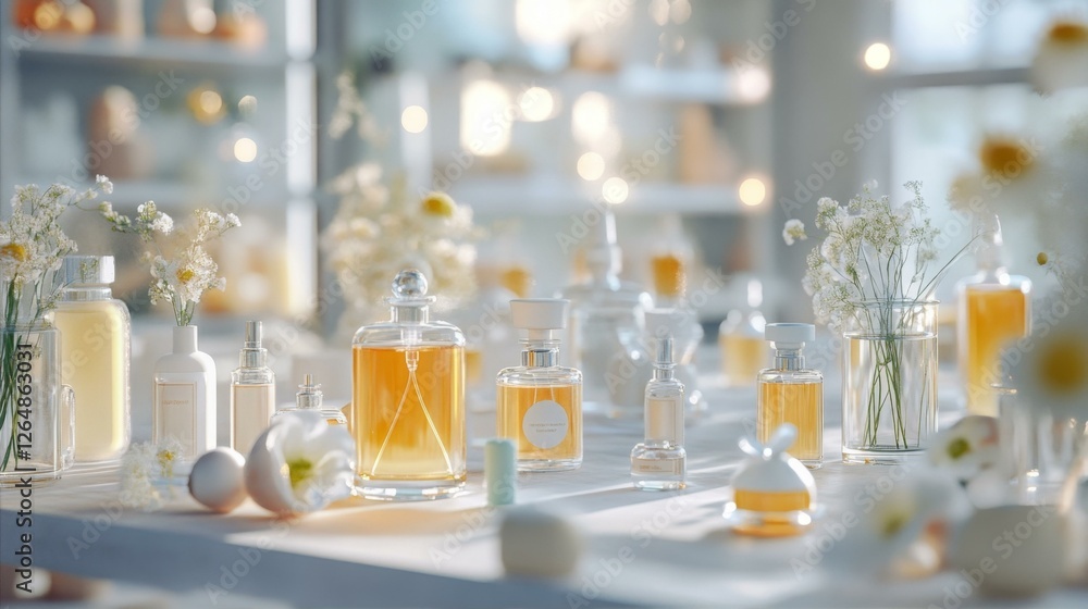 Perfume Bottles Displayed with Floral Accents on a Serene Surface Light and Shadows Create an Ambiance Perfume Bottles Displayed with Floral Accents on a Serene Surface Light and Shadows Create an Ambiance