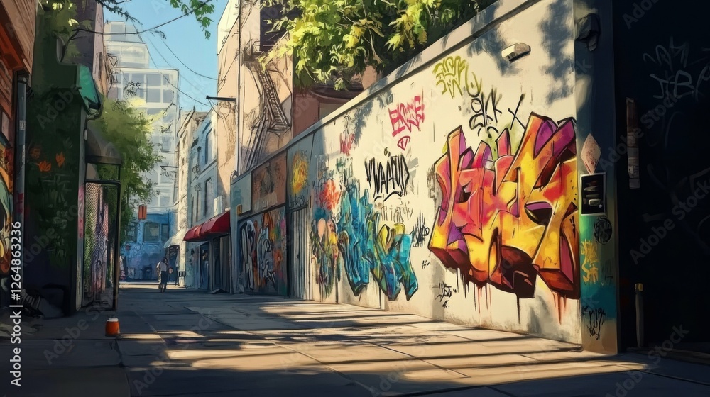 Obraz premium urban street with colorful graffiti, vibrant and detailed, artistic atmosphere, bright city scene