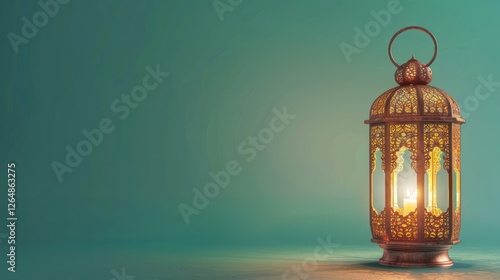 A classic Ramadan lantern with intricate brass patterns, glowing against a pastel mint green backdrop for a calming effect.