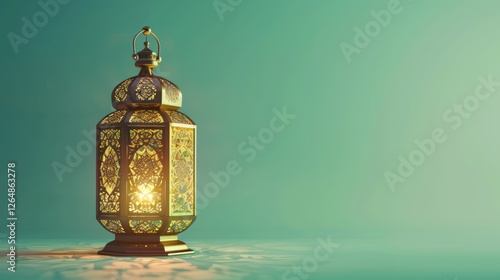 A classic Ramadan lantern with intricate brass patterns, glowing against a pastel mint green backdrop for a calming effect.