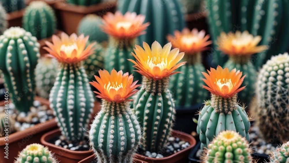 Fototapeta premium Close-up of blooming cacti with bright orange and yellow flowers in pots against a blurred background of green cacti Copy Space