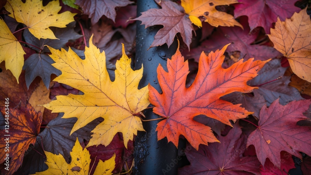 Colorful autumn leaves in various shades of yellow, orange, and red scattered on a black surface with texture and detail, Copy Space Colorful autumn leaves in various shades of yellow, orange, and red scattered on a black surface with texture and detail, Copy Space