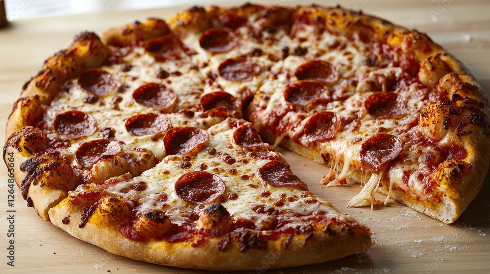 Delicious pepperoni pizza on wooden board, ready to eat. Food photography for menus Delicious pepperoni pizza on wooden board, ready to eat. Food photography for menus