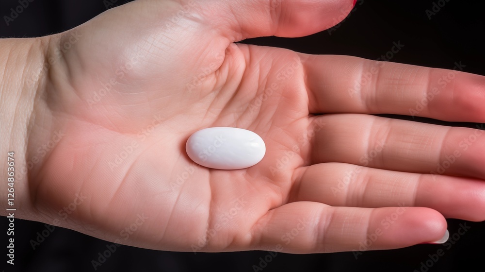 Single White Pill Resting on an Open Palm in a Close-Up Shot Single White Pill Resting on an Open Palm in a Close-Up Shot