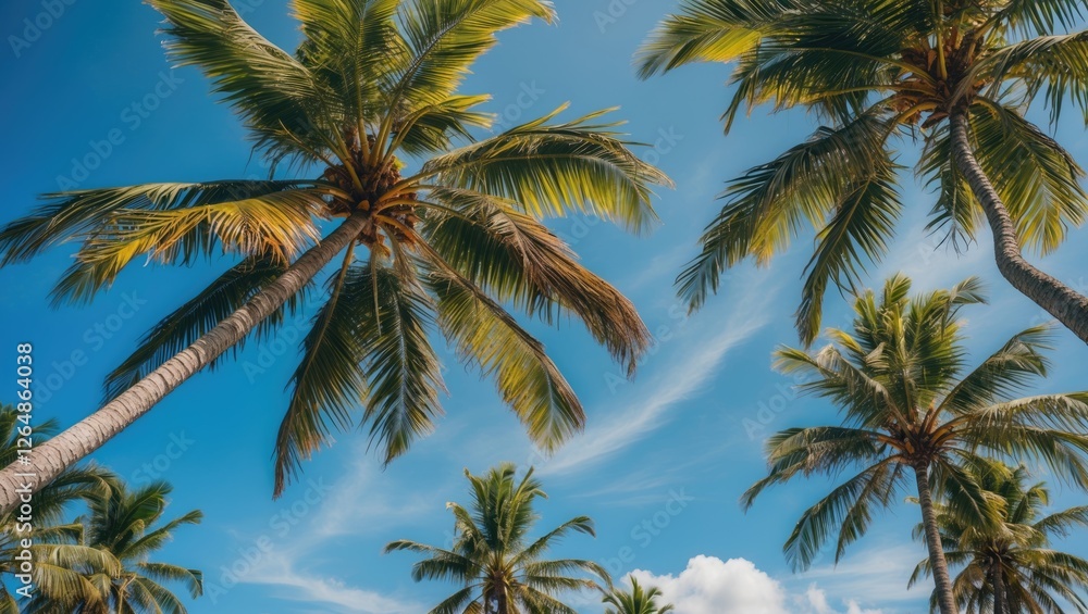 Tropical palm trees against a clear blue sky with clouds and sunlight illuminating the leaves Copy Space Tropical palm trees against a clear blue sky with clouds and sunlight illuminating the leaves Copy Space
