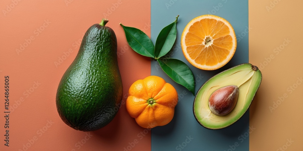Fresh assorted fruits including avocado, orange, and kumquat on textured orange and blue background with greenery Copy Space Fresh assorted fruits including avocado, orange, and kumquat on textured orange and blue background with greenery Copy Space