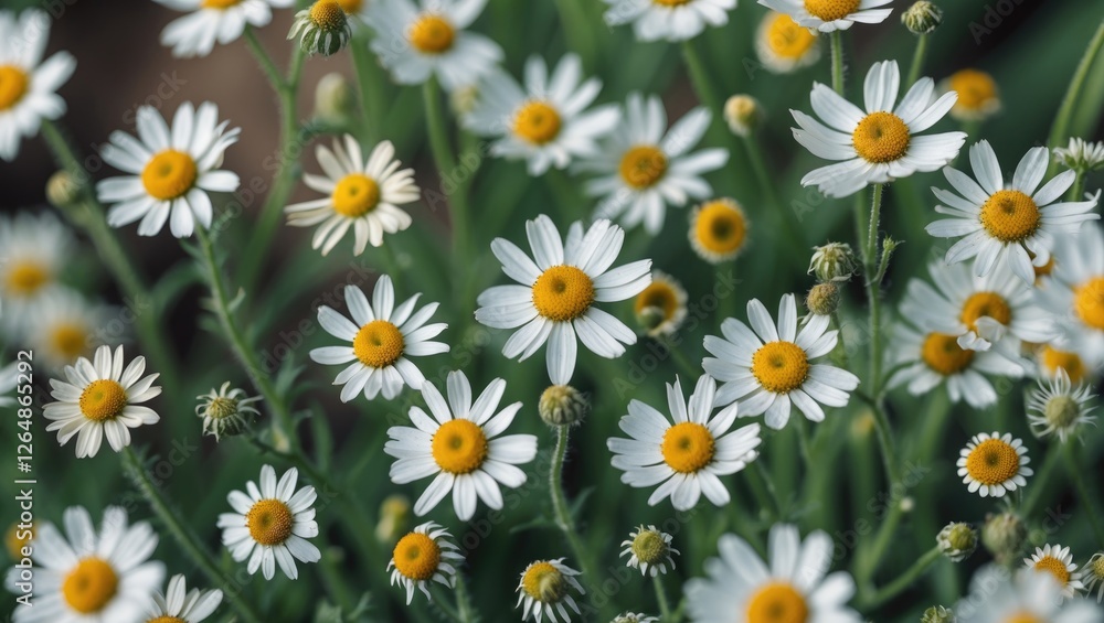 Daisies blooming in a green field with yellow centers and white petals providing vibrant floral scenery Copy Space Daisies blooming in a green field with yellow centers and white petals providing vibrant floral scenery Copy Space