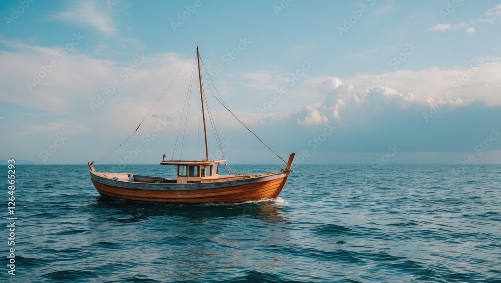 Wooden fishing boat with sail floating on calm ocean water under blue sky and clouds Copy Space Wooden fishing boat with sail floating on calm ocean water under blue sky and clouds Copy Space