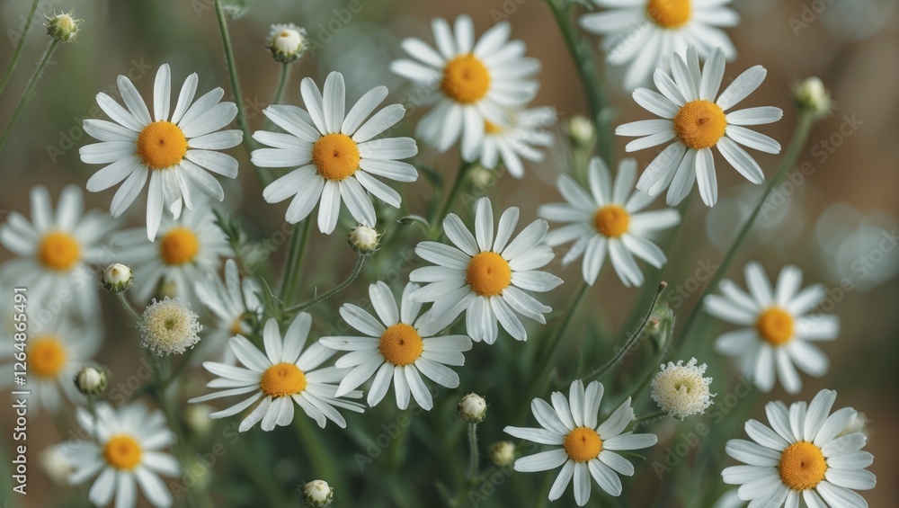 Daisies with white petals and yellow centers in a natural setting with soft blurred background and Copy Space for text placement Daisies with white petals and yellow centers in a natural setting with soft blurred background and Copy Space for text placement