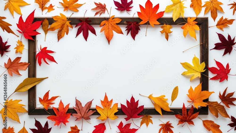 Autumn leaves in vibrant colors arranged around a blank wooden picture frame on white background Copy Space Autumn leaves in vibrant colors arranged around a blank wooden picture frame on white background Copy Space
