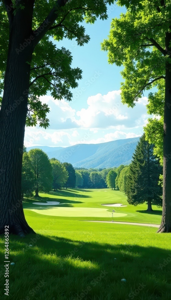 Obraz premium Mature trees frame a manicured fairway, distant hills, photo, grass