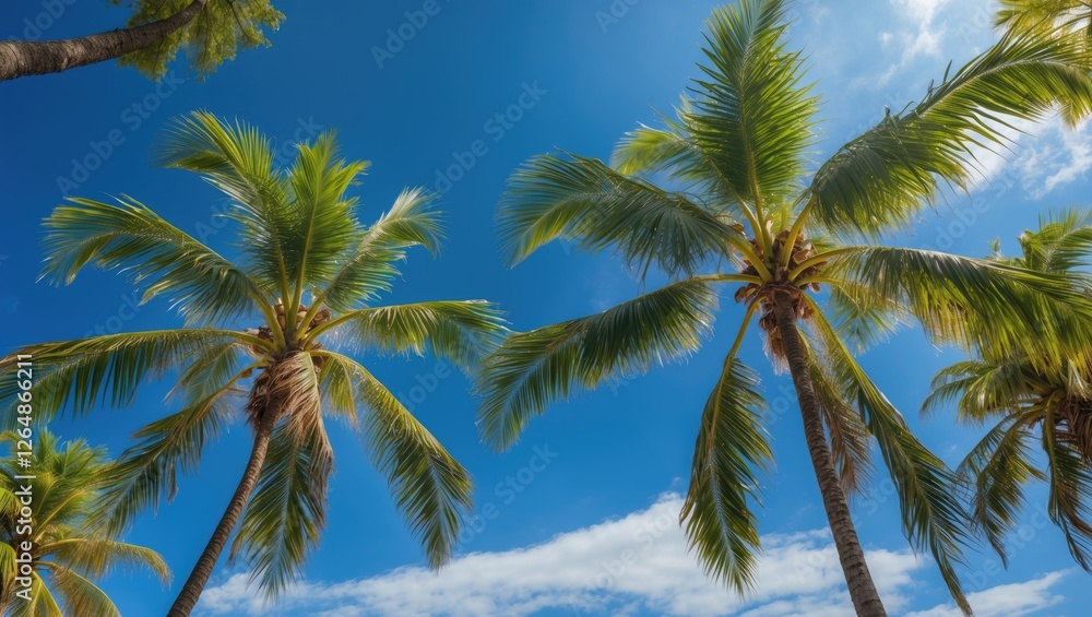 Palm trees against a bright blue sky with fluffy clouds providing a tropical and summery feel with ample Copy Space. Palm trees against a bright blue sky with fluffy clouds providing a tropical and summery feel with ample Copy Space.