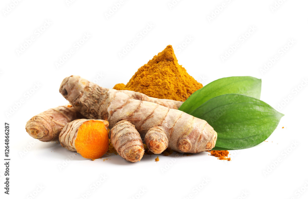 Turmeric powder, fresh root and green leaves isolated on white Turmeric powder, fresh root and green leaves isolated on white