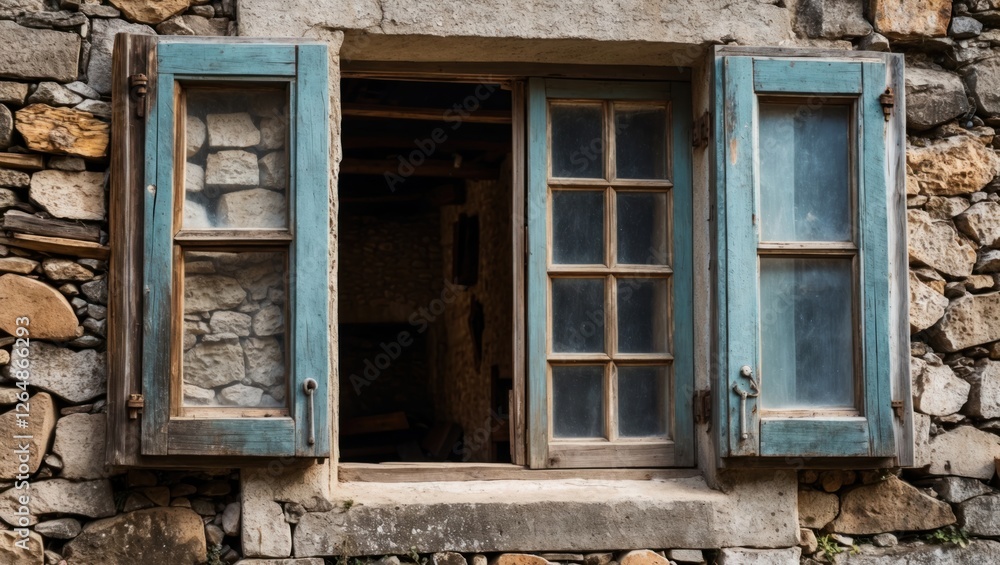 Old rustic window with wooden shutters and stone wall details showcasing vintage architecture and natural textures Copy Space Old rustic window with wooden shutters and stone wall details showcasing vintage architecture and natural textures Copy Space