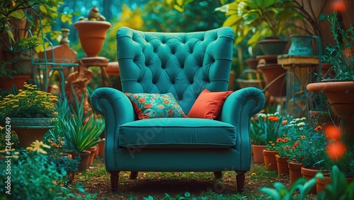 Vintage turquoise tufted armchair surrounded by lush greenery and potted plants in a bright garden setting with colorful cushions Copy Space photo