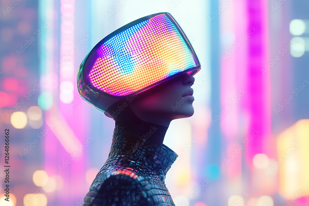 Futuristic figure with illuminated headgear standing in a neon-lit urban environment at night Futuristic figure with illuminated headgear standing in a neon-lit urban environment at night