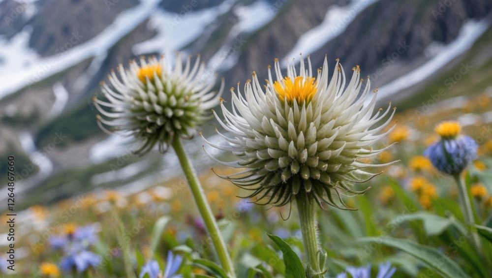 Close-up of unique wildflowers with spiky textures and bright yellow centers in a mountain landscape during springtime, Copy Space Close-up of unique wildflowers with spiky textures and bright yellow centers in a mountain landscape during springtime, Copy Space