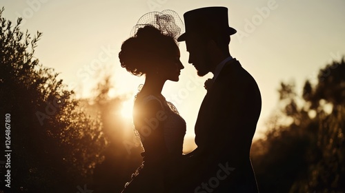 Vintage Wedding Couple Silhouette at Sunset in Outdoor Elegance photo