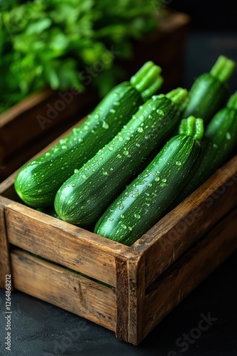 Fresh green zucchinis in rustic wooden crate with water droplets