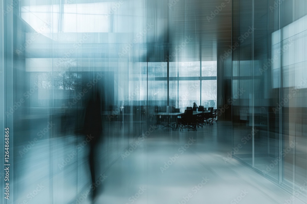 modern office interior with intentionally blurred glass walls and workspaces, soft natural light creating an atmospheric corporate environment, minimalist design modern office interior with intentionally blurred glass walls and workspaces, soft natural light creating an atmospheric corporate environment, minimalist design