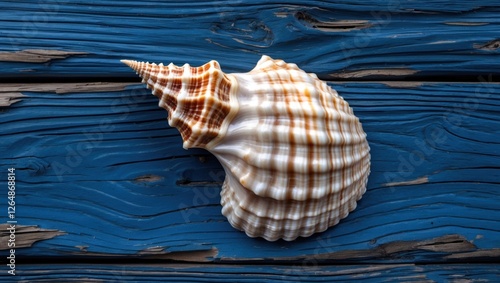 Close-up of a beautifully detailed sea shell on a textured blue wooden surface with natural lighting and shadows, Copy Space photo