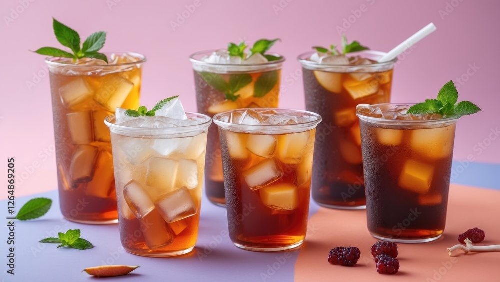 Fototapeta premium Assorted Iced Tea Beverages in Transparent Cups with Ice and Fresh Mint Leaves on Colorful Background Copy Space