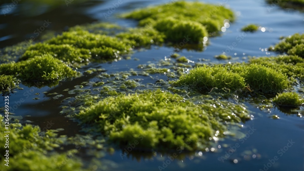 Green algae floating on water surface with soft sunlight reflections creating a serene natural landscape Copy Space Green algae floating on water surface with soft sunlight reflections creating a serene natural landscape Copy Space