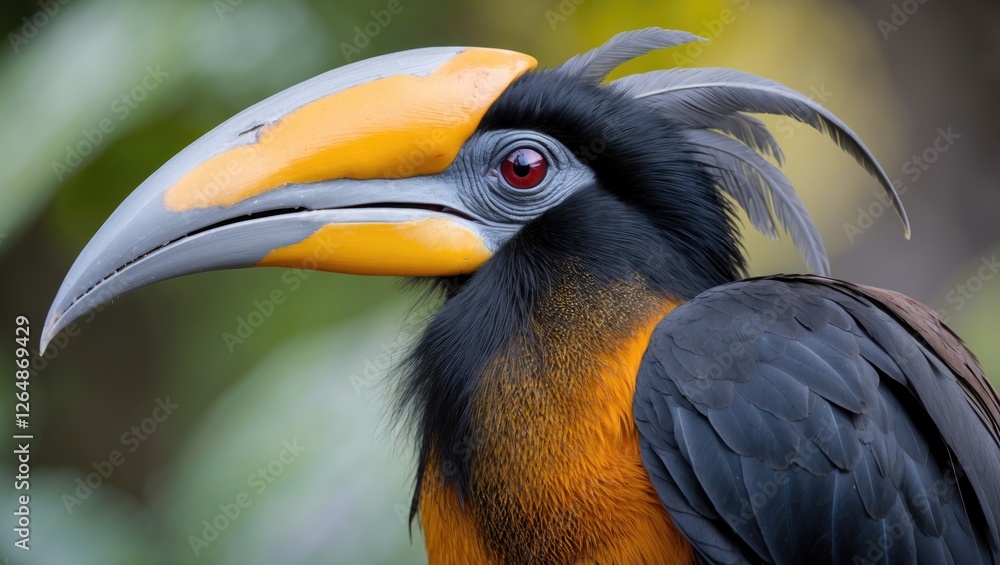 Close-up of exotic bird with vibrant orange and black plumage and large distinctive beak featuring gray and yellow colors with red eye detail Copy Space Close-up of exotic bird with vibrant orange and black plumage and large distinctive beak featuring gray and yellow colors with red eye detail Copy Space