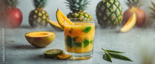 Fresh tropical fruit cocktail in a glass with pineapple and mango slices, garnished with mint leaves, surrounded by whole pineapples and fruits. Copy Space photo