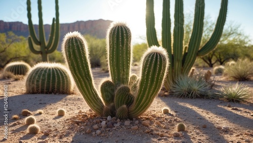 Wallpaper Mural Group of various cacti in desert landscape with sunlight casting shadows on sandy ground and surrounding vegetation Torontodigital.ca