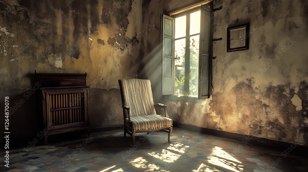 Sunlit Chair in a Rustic, Aged Room: A Serene, Vintage Scene Sunlit Chair in a Rustic, Aged Room: A Serene, Vintage Scene