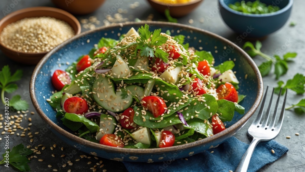 Fresh garden salad with cherry tomatoes cucumbers spinach and sesame seeds in a blue bowl on dark background with copy space Fresh garden salad with cherry tomatoes cucumbers spinach and sesame seeds in a blue bowl on dark background with copy space