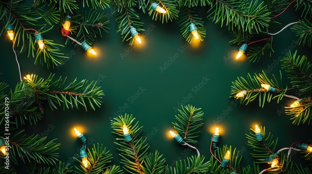 Christmas tree branches with warm glowing lights on dark background and ample copy space for text Christmas tree branches with warm glowing lights on dark background and ample copy space for text