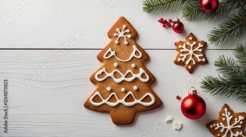Gingerbread Christmas tree cookie decorated with white icing surrounded by festive ornaments and pine branches on wooden background Copy Space