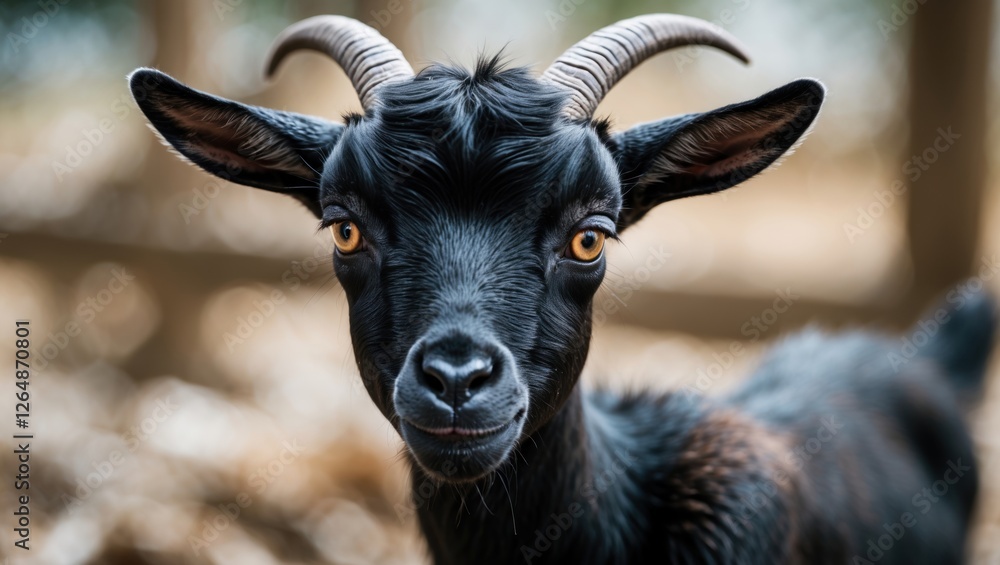 Fototapeta premium Black goat close-up with prominent features and expressive eyes in a natural outdoor setting with blurred background. Copy Space