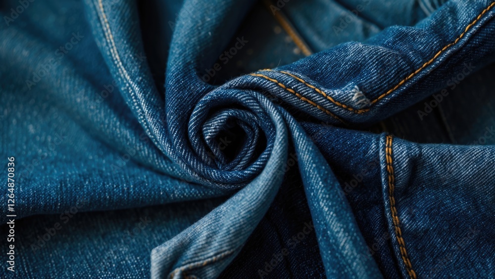 Close-up of rolled denim fabric showcasing texture and details of stitching with blue shades and Copy Space for text placement Close-up of rolled denim fabric showcasing texture and details of stitching with blue shades and Copy Space for text placement