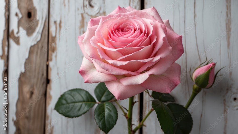 Single pink rose with soft petals and fresh green leaves on a wooden background with copy space for text Single pink rose with soft petals and fresh green leaves on a wooden background with copy space for text