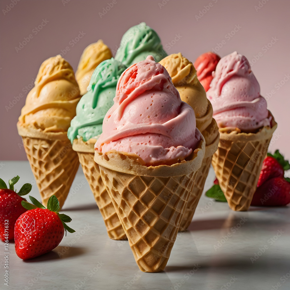 Multiple ice cream scoops in a variety of flavors, each placed on a classic waffle cone, isolated on a transparent background. Each cone should feature a single, perfectly round scoop of ice cream. Multiple ice cream scoops in a variety of flavors, each placed on a classic waffle cone, isolated on a transparent background. Each cone should feature a single, perfectly round scoop of ice cream.