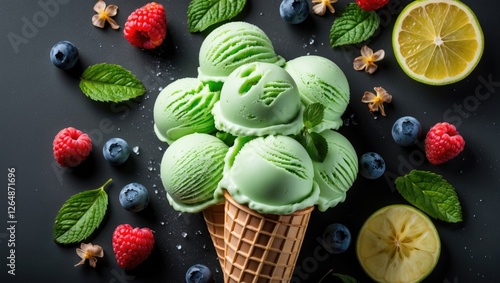 Mint ice cream in waffle cone topped with fresh fruits and mint leaves on dark background with copy space. photo