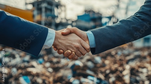 Business Executives Shaking Hands with Recycling Industry Backdrop Highlighting Partnership and Collaboration in Sustainability Efforts