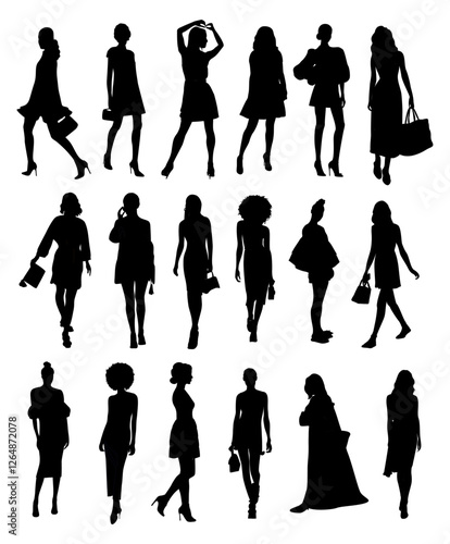 Black silhouettes of stylish young women wearing modern dress. Diverse girls in casual, street fashion outfits. Flat monochrome vector illustrations isolated on transparent background. Icons, avatars.