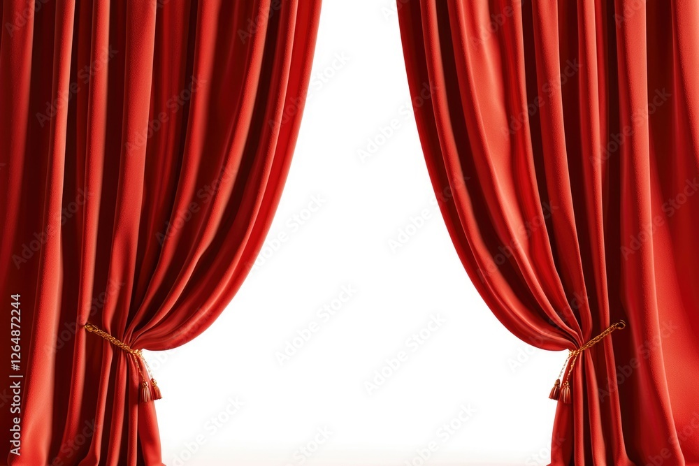 Fototapeta premium Opened red theater curtains reveal a bright, white background. Performance, event