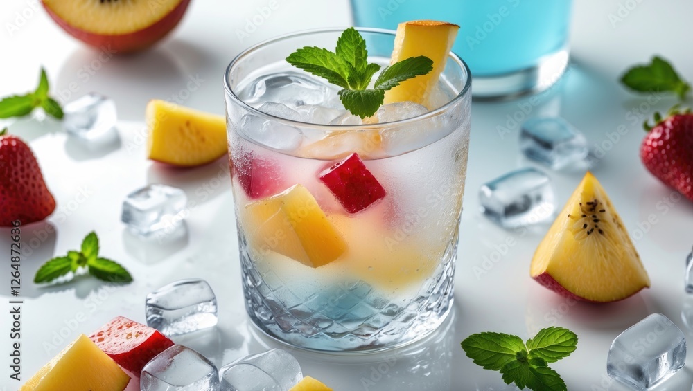 Fototapeta premium Colorful fruit cocktail with ice cubes in a clear glass surrounded by fresh fruit and mint leaves against a light background Copy Space