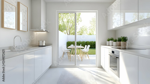 Wallpaper Mural Modern white kitchen opens to sunny patio garden Torontodigital.ca