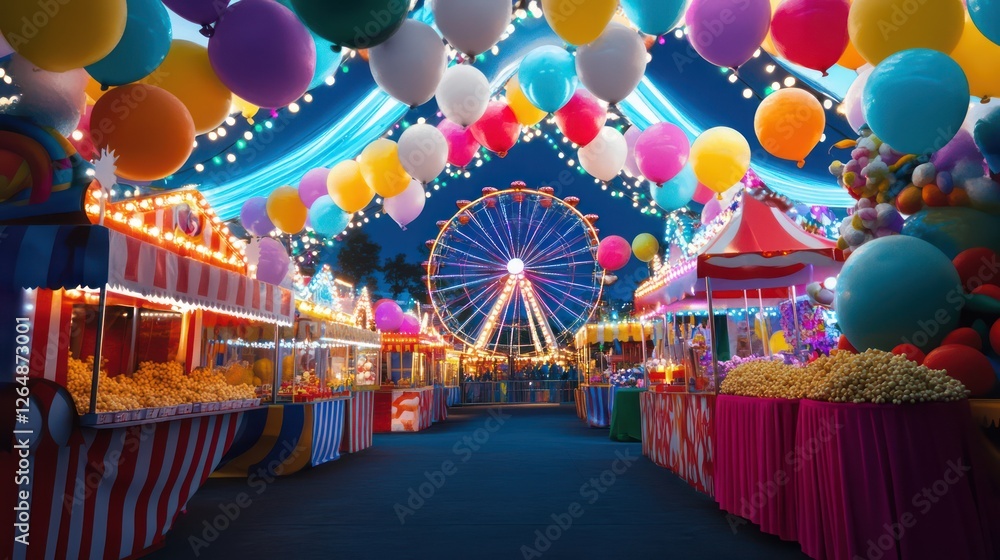 Fototapeta premium A carnival-themed birthday celebration with cotton candy, popcorn stands, and a Ferris wheel, all under colorful lights and balloons.