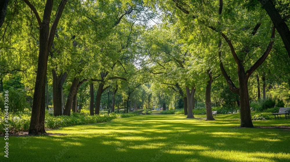 A green sanctuary in the city, with walking trails, shade trees, and spaces for relaxation, fostering a sense of well-being in the midst of urban life A green sanctuary in the city, with walking trails, shade trees, and spaces for relaxation, fostering a sense of well-being in the midst of urban life