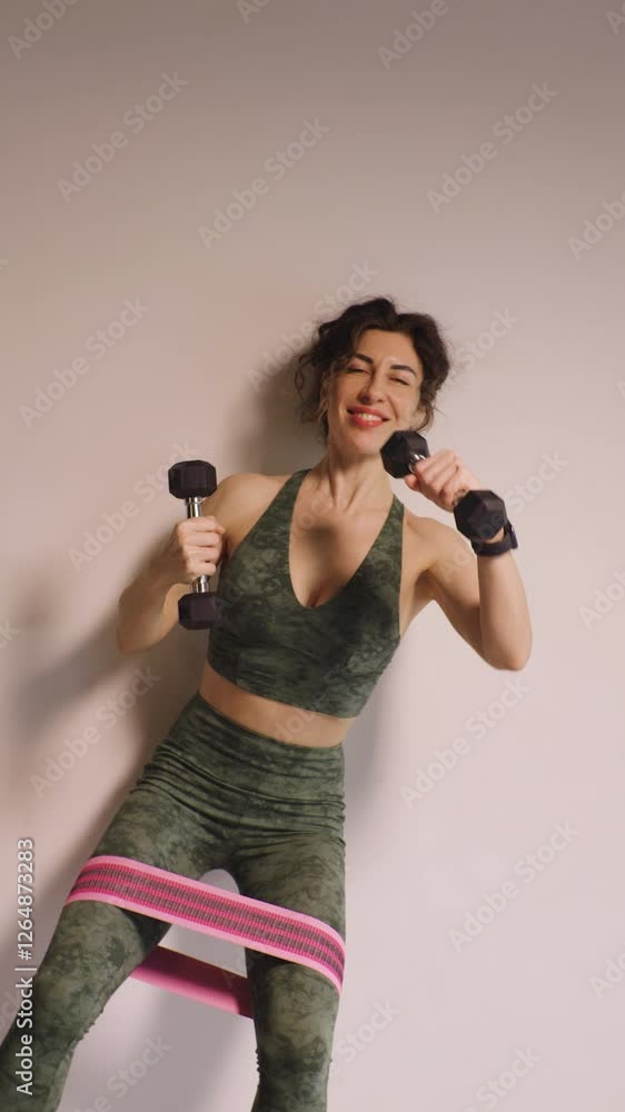 An athletic young woman doing exercises using an elastic band and dumbbells in a studio. Front view. Fitness. An athletic young woman doing exercises using an elastic band and dumbbells in a studio. Front view. Fitness.