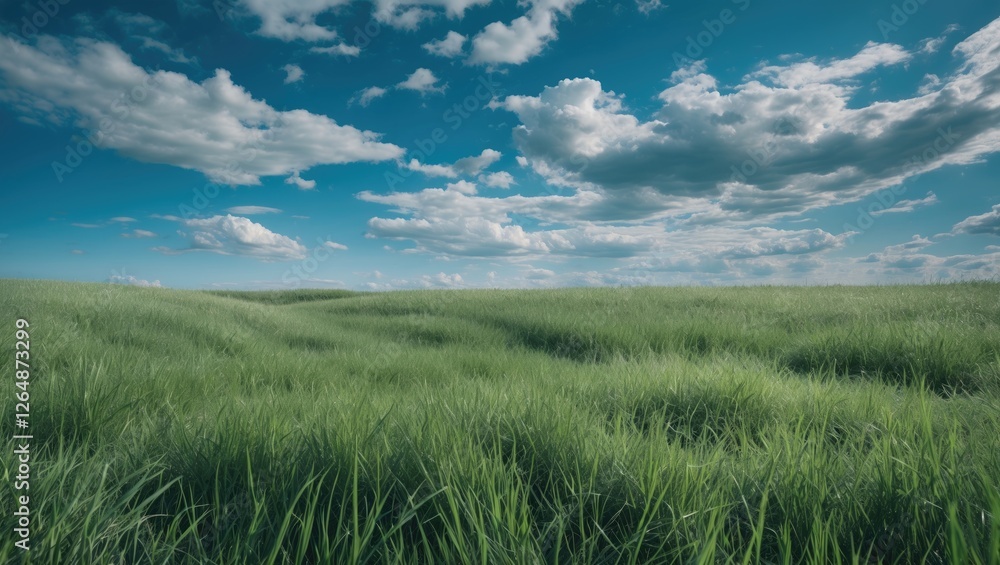 Lush green grass field under a bright blue sky with fluffy white clouds creating a tranquil natural landscape Copy Space Lush green grass field under a bright blue sky with fluffy white clouds creating a tranquil natural landscape Copy Space
