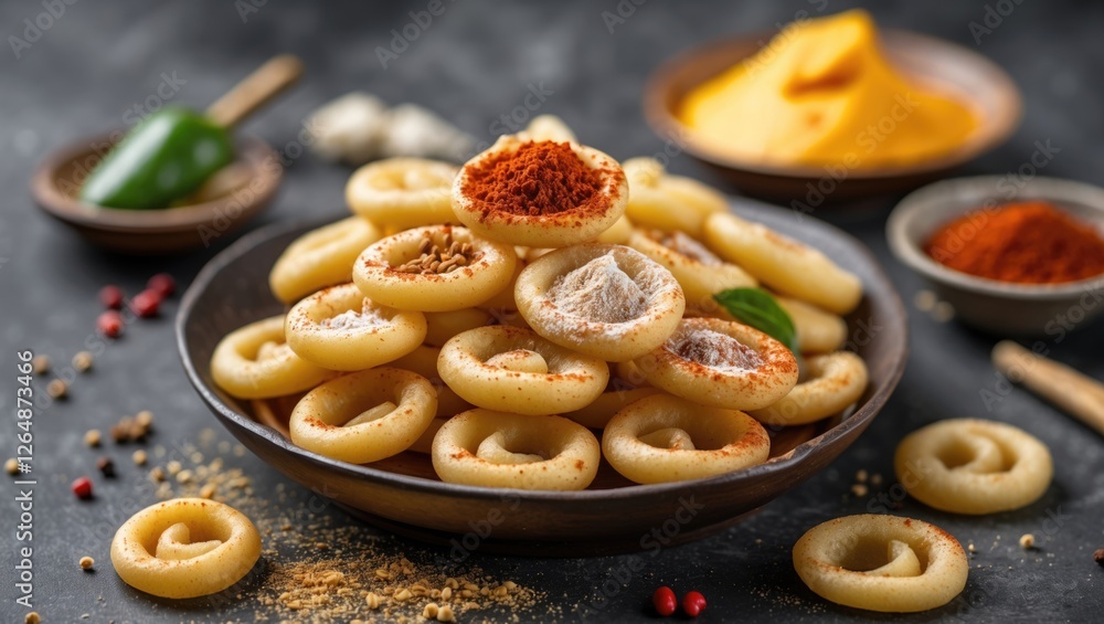 Assorted traditional Indian snacks arranged on a dark surface garnished with spices and accompanied by green chilies and bowls of condiments Copy Space Assorted traditional Indian snacks arranged on a dark surface garnished with spices and accompanied by green chilies and bowls of condiments Copy Space